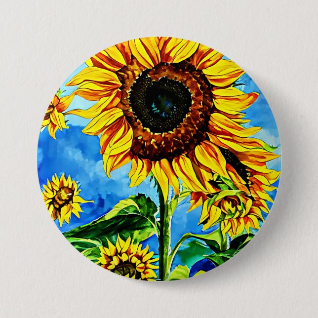 Large Sunflowers Watercolor nature painting  Button (Front)