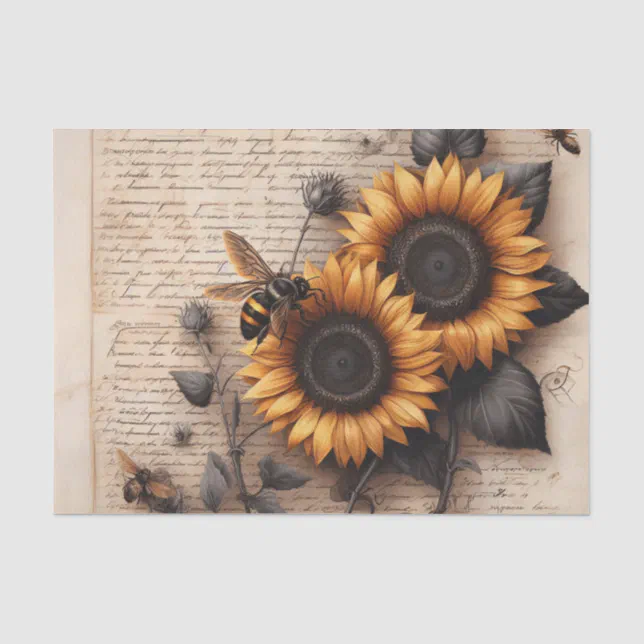Large Sunflowers with Bees on Script Tissue Paper | Zazzle