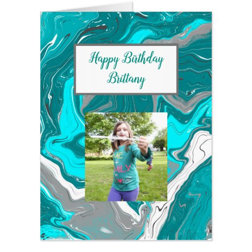 Large Teal and Turquoise Marble Photo Birthday Card