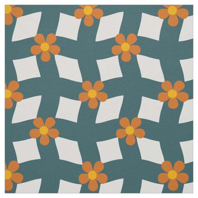 Large Teal Orange Floral Grid Cotton Twill Fabric (Swatch)