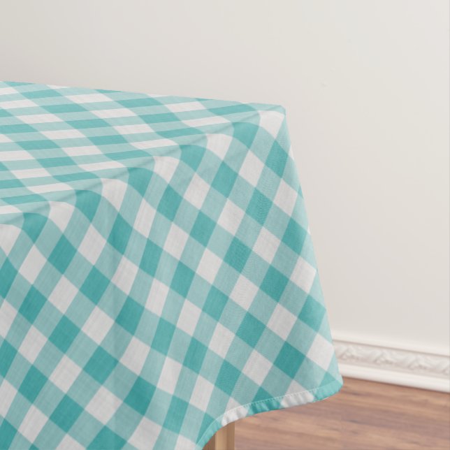 Large Teal /White Gingham Checks Pattern Geometric Tablecloth (In Situ)