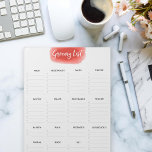 Large Tear Away Grocery List Vermillion Watercolor Notepad<br><div class="desc">Vermillion watercolor brush script title with simple and easy to read layout of grocery store categories.  Comprehensive including frozen foods,  prepared,  bulk... and even body as well as floral categories for those who regularly buy flowers like myself.</div>