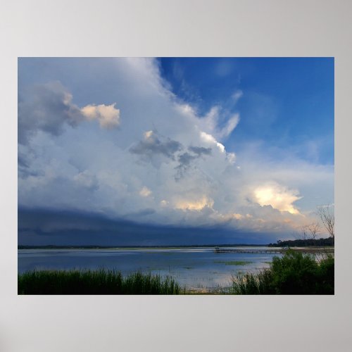 Large Thunderstorm Over Coastal Blue Water Poster