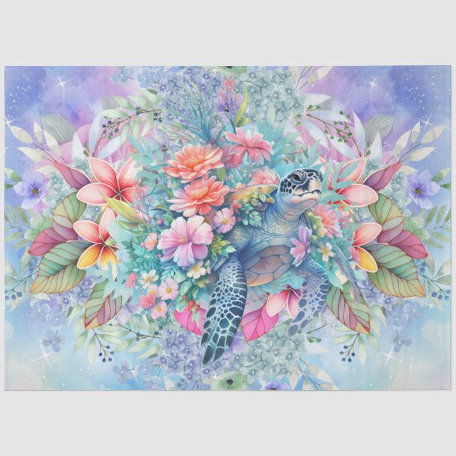 Large Tropical Sea Turtle & Watercolor Florals Tissue Paper (Front)