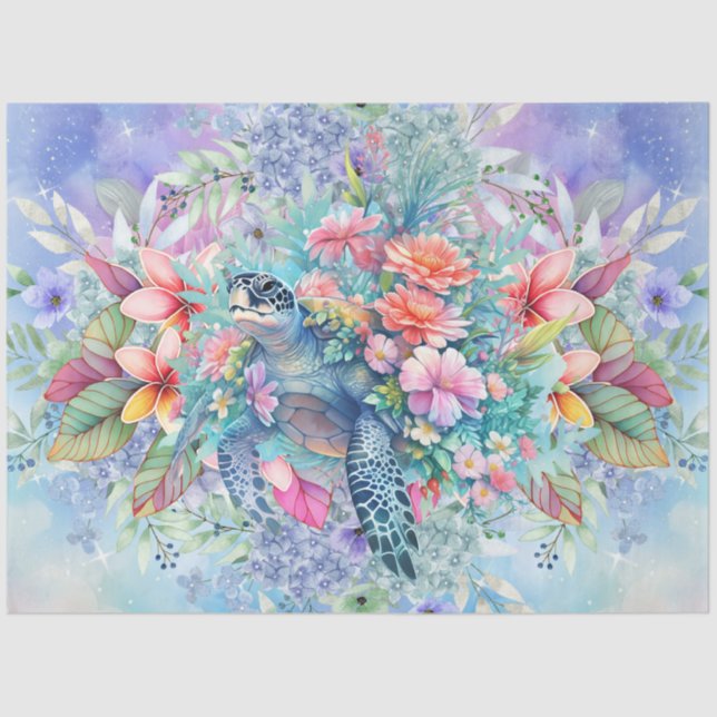 Large Tropical Sea Turtle & Watercolor Florals Tissue Paper (Front)