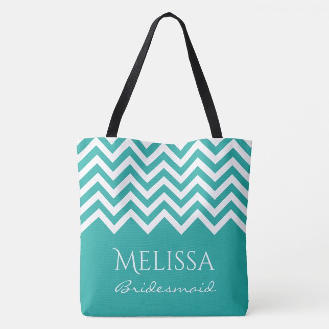 Large turquoise chevron zig zag stripe bridesmaids tote bag (Back)