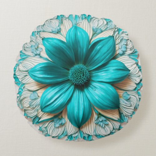 Large Turquoise Flower in Hyperrealistic Clipart  Round Pillow