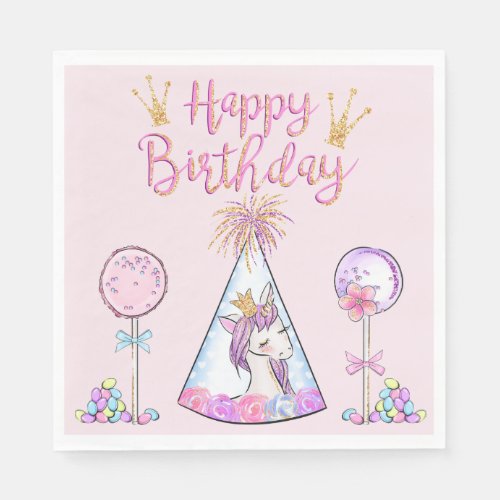 Large Typography Happy Birthday Pink and Gold Napkins