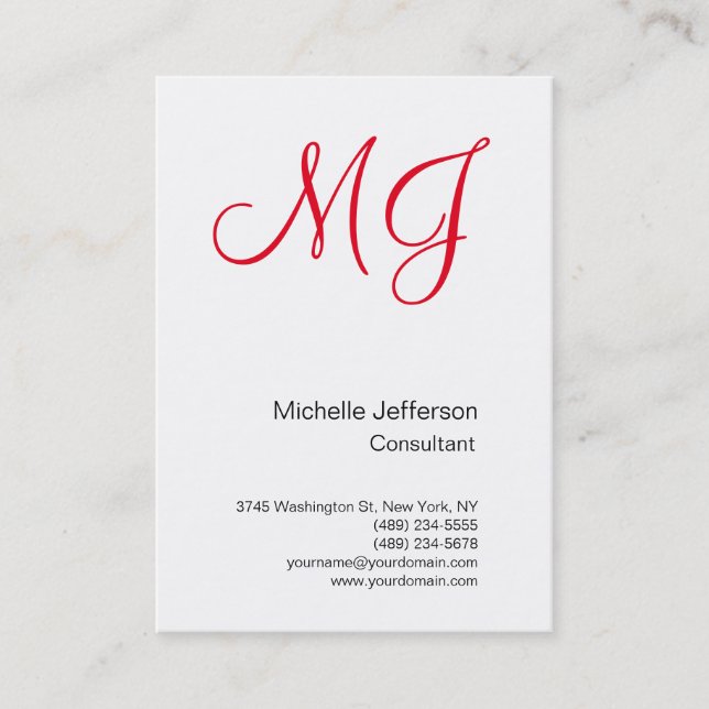 Large Unique Monogram White Red Business Card (Front)