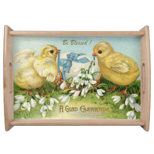 Large Vintage 2 Chickens And Egg Easter Serving Tray