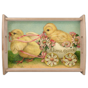 Large Vintage 2 Chickens Easter Holiday Serving Tray