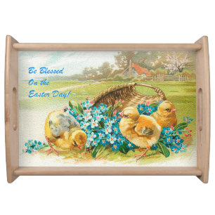 Large Vintage 3 Chickens Easter Holiday Serving Tray