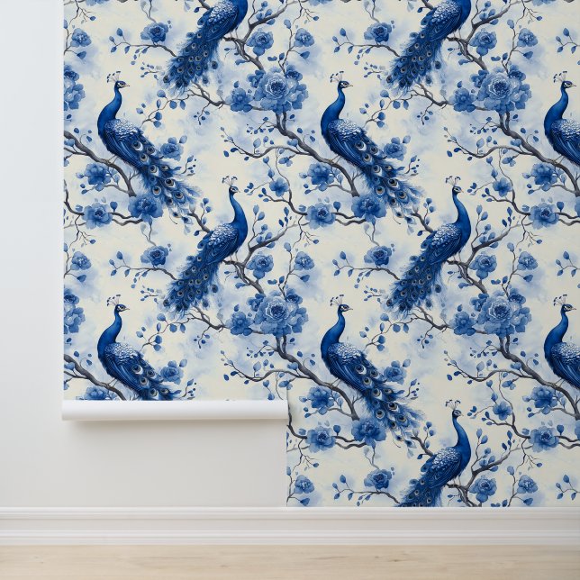 Large Vintage Blue French Chinoiserie Peacock Boho Wallpaper (Application)