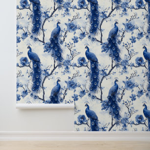 Large Vintage Blue French Chinoiserie Peacock Wallpaper