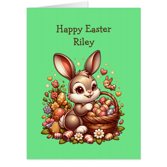 Large Vintage Easter Bunny, Basket and Eggs Card (Front)