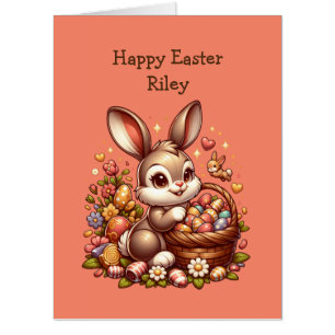 Large Vintage Easter Bunny, Basket and Eggs Card
