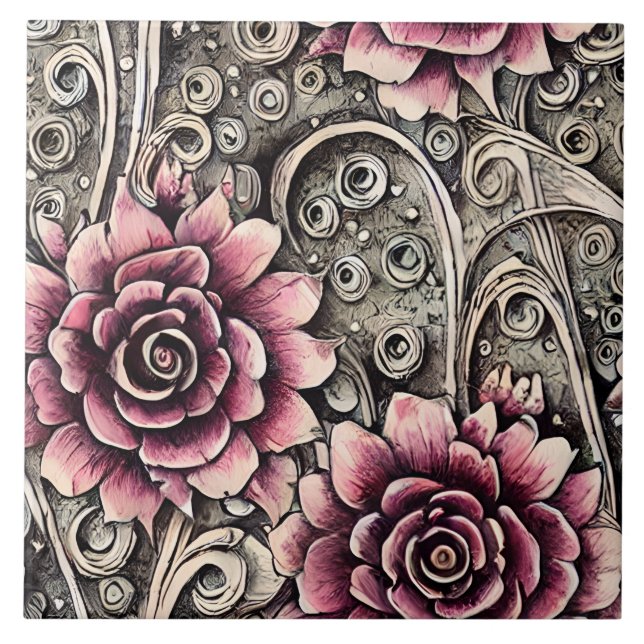 Large Vintage Gothic Pink Flower Pattern Ceramic Tile (Front)