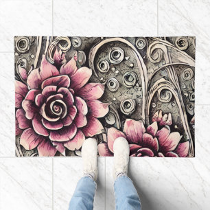 Large Vintage Gothic Pink Flower Pattern Doormat