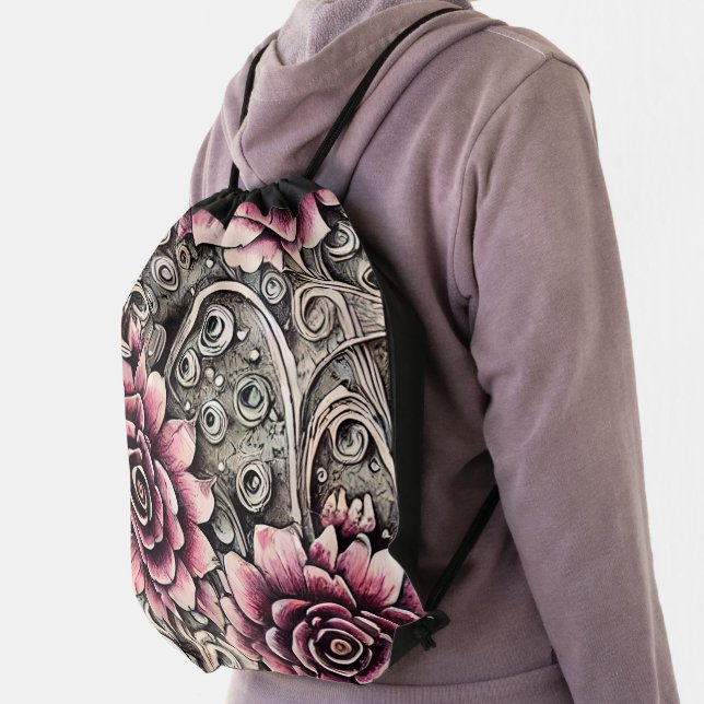 Large Vintage Gothic Pink Flower Pattern Drawstring Bag (Insitu)