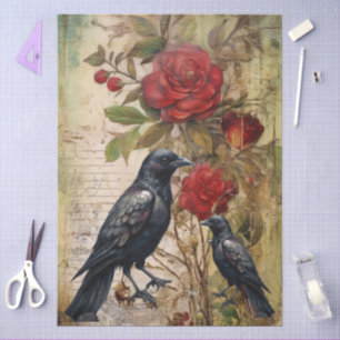 Large Vintage Inspired Elegant Red Roses & Raven Tissue Paper