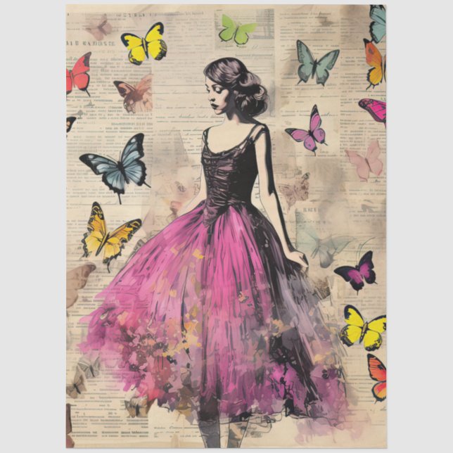Large Vintage Inspired Girl and Butterflies  Tissue Paper (Front)