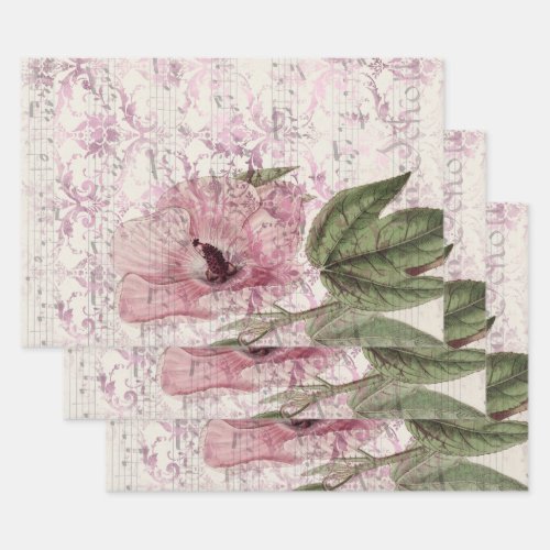 Large Vintage Pink Flower with Music Wrapping Paper Sheets