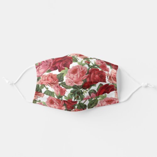 Large Vintage Pink Red Roses Floral on White Adult Cloth Face Mask