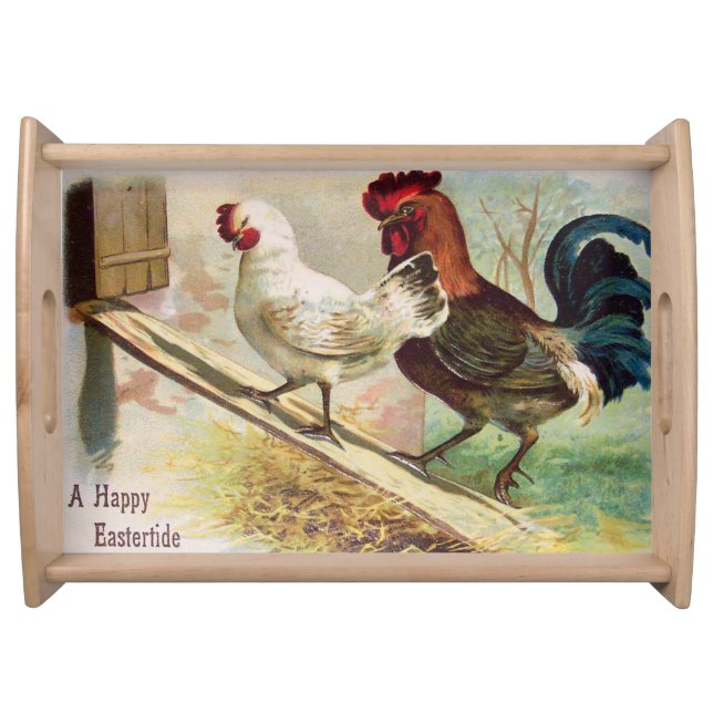 Large Vintage Rooster And Chicken Easter Serving Tray (Front)