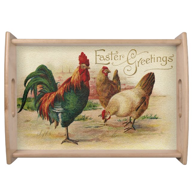 Large Vintage Rooster And Chickens Easter Serving Tray (Front)