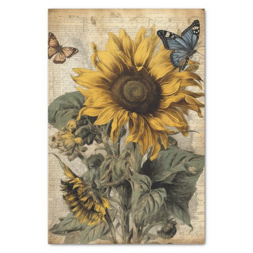 Large Vintage Sunflowers Butterflies and Script Tissue Paper