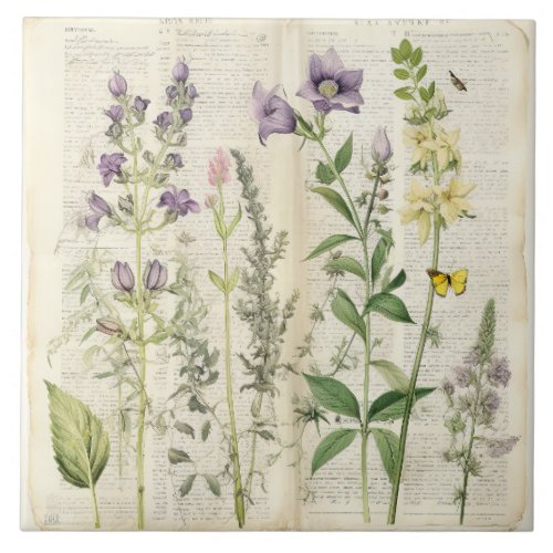 Large Vintage Watercolor Natural Wildflower Ceramic Tile