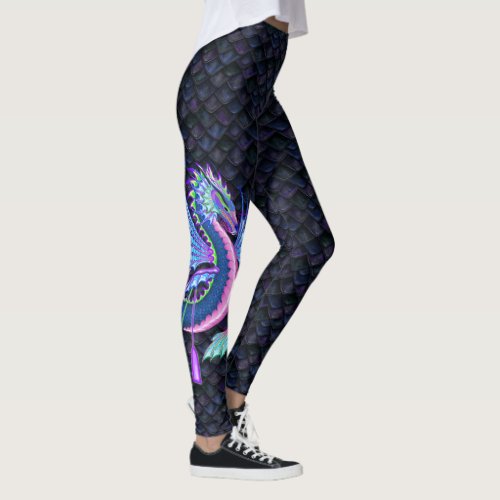 Large Water Dragon on Blue Dragon Scales Leggings