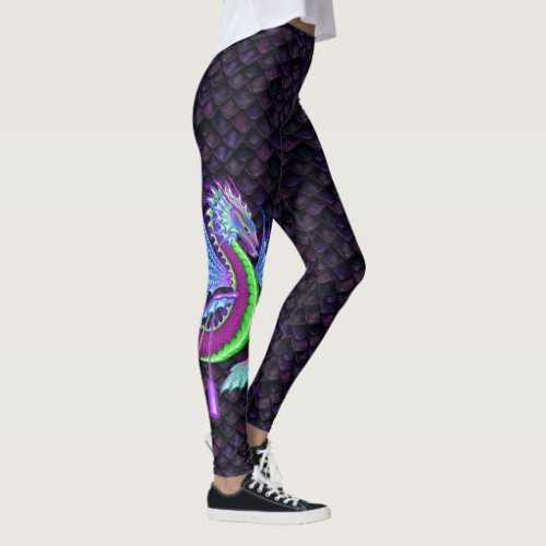 Large Water Dragon on Pink Dragon Scales Leggings