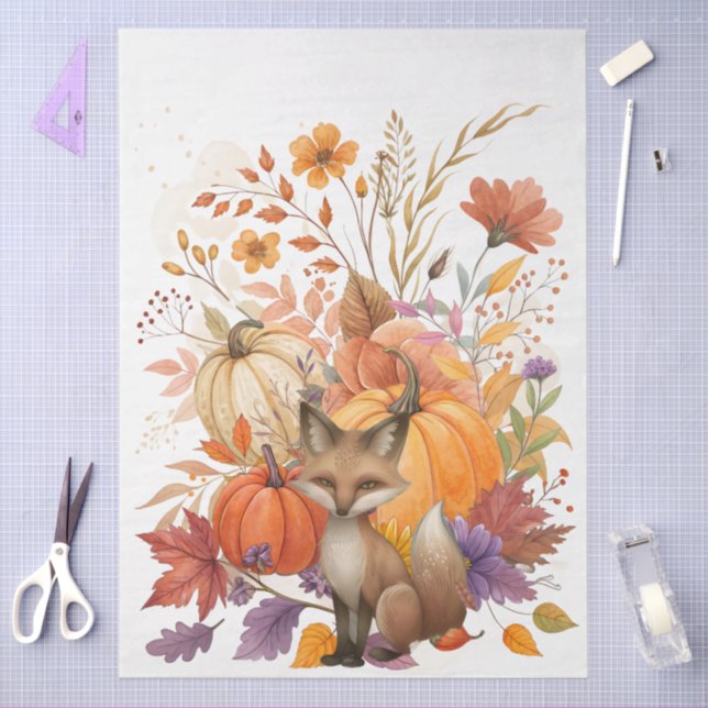 Large Watercolor Fall Wildflowers Pumpkins & Fox Tissue Paper (Craft)