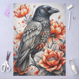 Large Watercolor Floral Black Raven for Decoupage Tissue Paper