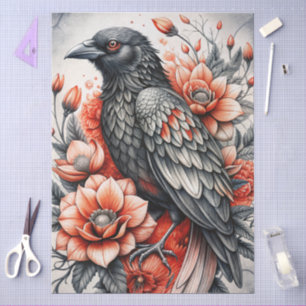 Large Watercolor Floral Black Raven for Decoupage Tissue Paper
