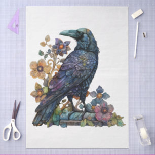 Large Watercolor Floral Black Raven for Decoupage Tissue Paper