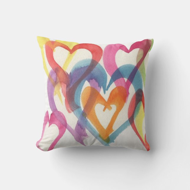 Large Watercolor Multi-colored Hearts Pillow (Front)