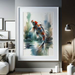 Large Watercolor Painting Colorful Koi Fish Art Poster