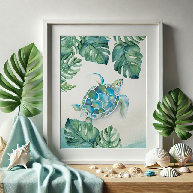 Large Watercolor Sea turtle and Monstera Leaves Poster (Beach pictures tropical watercolor sea turtle drawing art by Victoria Grigaliunas Do Tell A Belle)