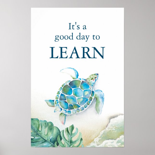 Large Watercolor Sea turtle and Monstera Leaves Poster (Front)