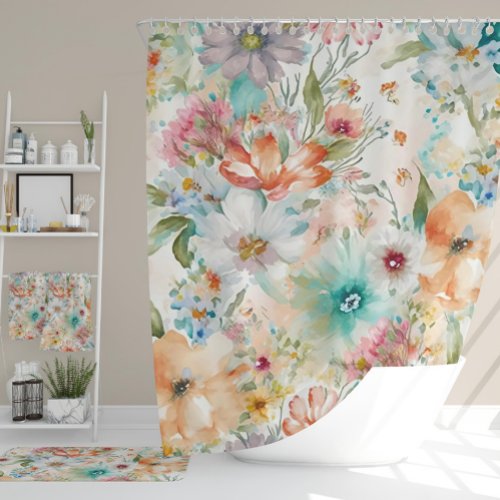 Large Watercolor Summer Flower Pattern Shower Curtain
