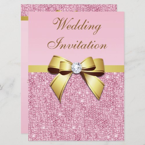 Large Wedding Faux Pink Sequins Gold Bow Invitation