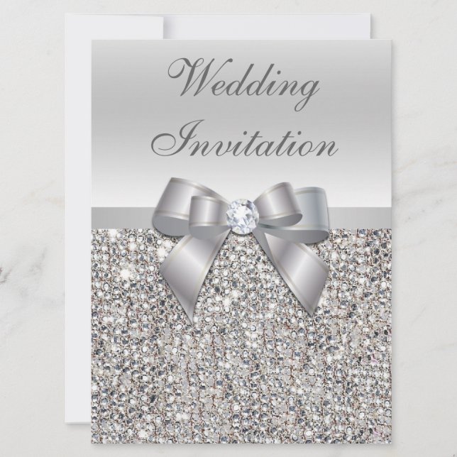 Large Wedding Faux Silver Sequins Bow Invitations (Front)