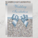 Large Wedding Faux Silver Sequins Dusty Blue Bow  Invitation at Zazzle