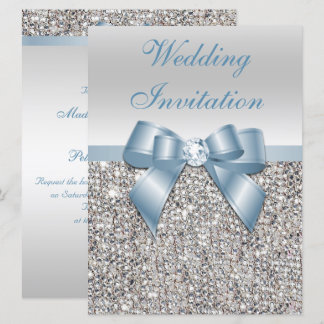 Large Wedding Faux Silver Sequins Dusty Blue Bow  Invitation