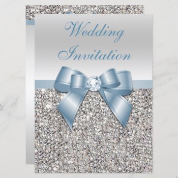 Large Wedding Faux Silver Sequins Dusty Blue Bow  Invitation by AJ_Graphics at Zazzle