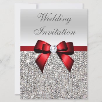 Large Wedding Faux Silver Sequins Red Bow Invitation by AJ_Graphics at Zazzle