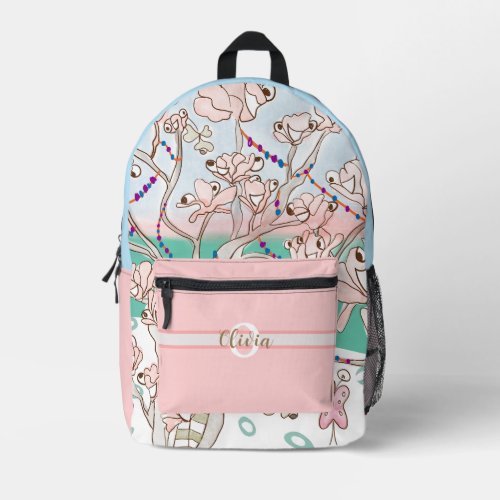 Large Whimsical Magnolia Flowers on Blue  Pink Printed Backpack