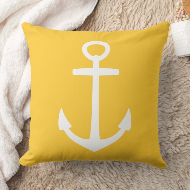 Large White Anchor on Sunset Yellow Throw Pillow (Blanket)